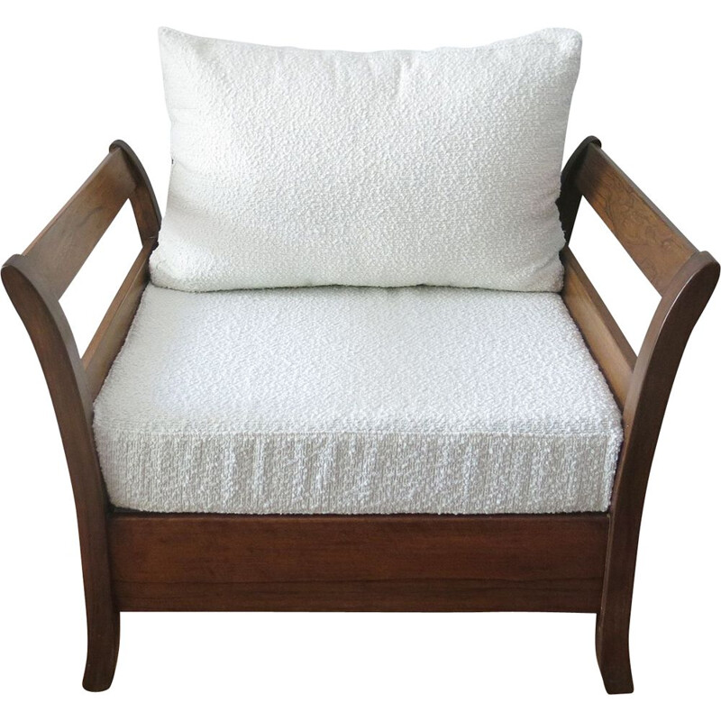 Vintage-Sessel aus Bouclé-Stoff und exotischem Holz