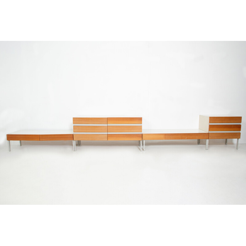 Pair of vintage Interlübke consoles in light teak and white melamine