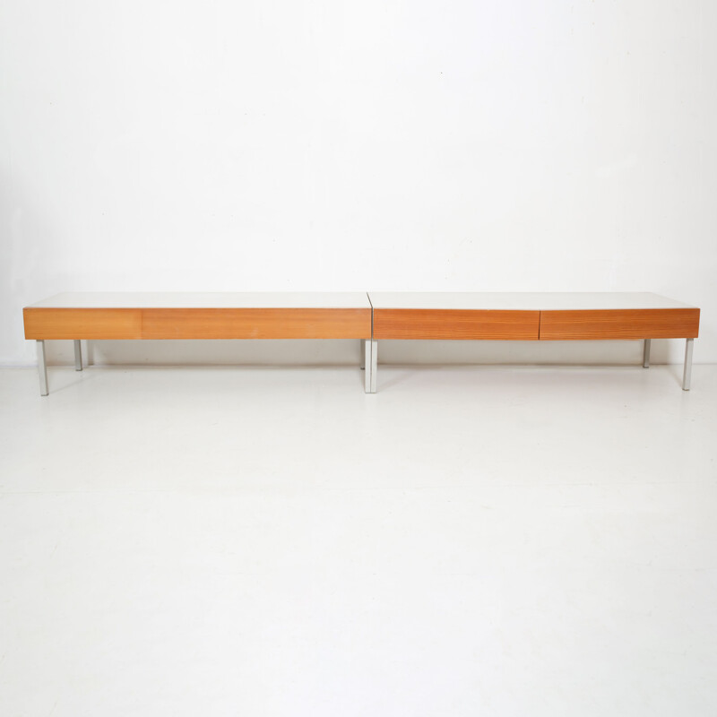 Pair of vintage Interlübke consoles in light teak and white melamine