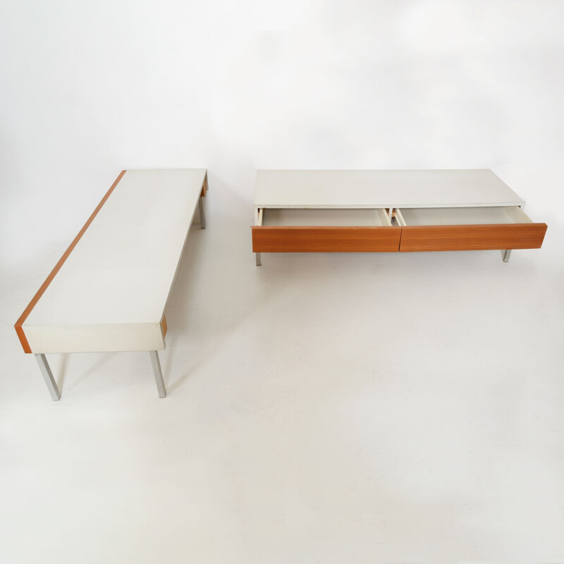 Pair of vintage Interlübke consoles in light teak and white melamine