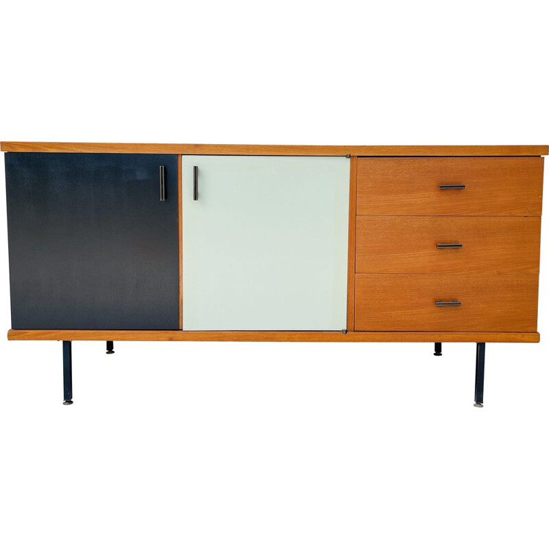 Vintage teak sideboard with two black and white doors, 1960