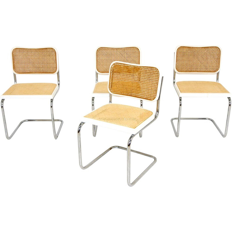 Set of 4 vintage chairs in chromed steel and cane, Italy