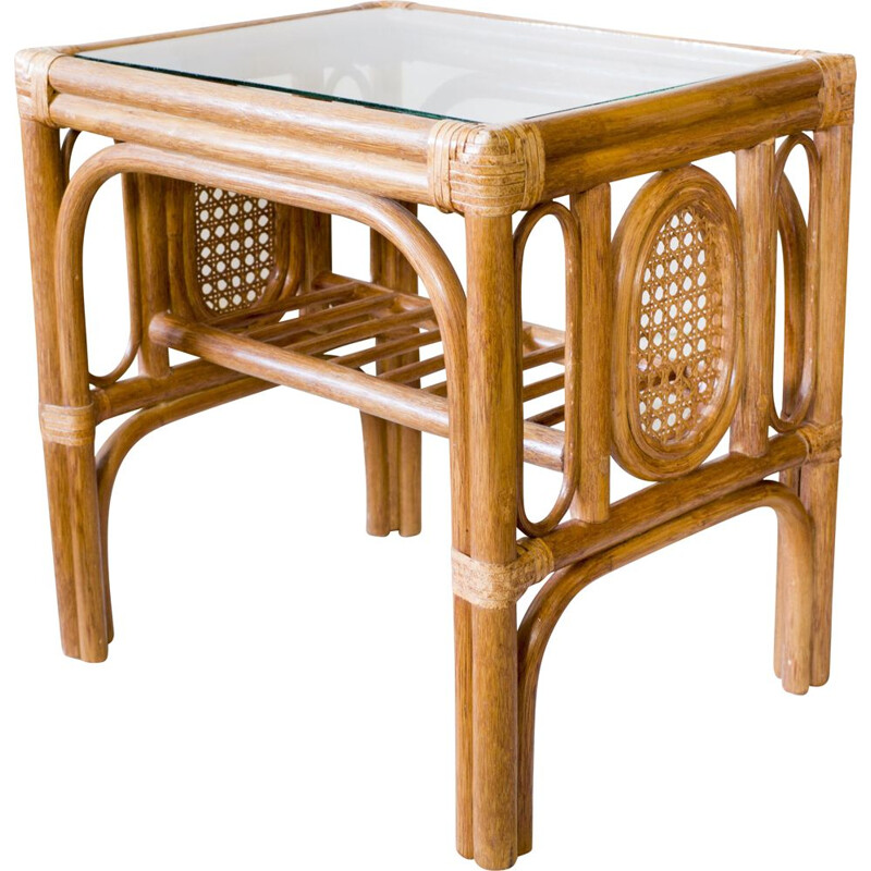 Vintage coffee table in rattan and glass, 1970