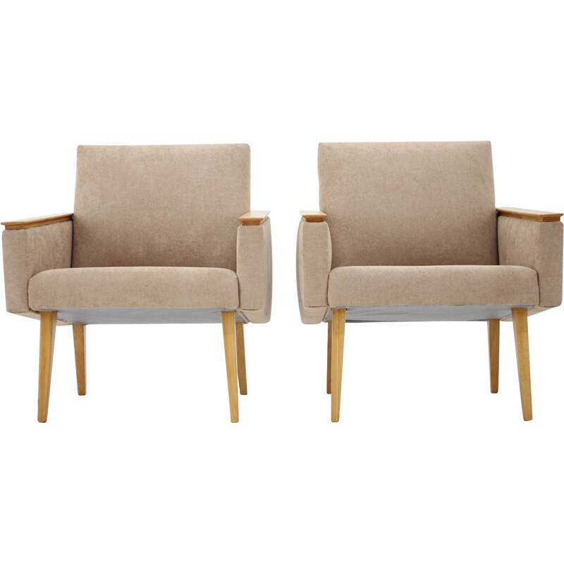 Pair of minimalist mid-century armchairs, Czechoslovakia