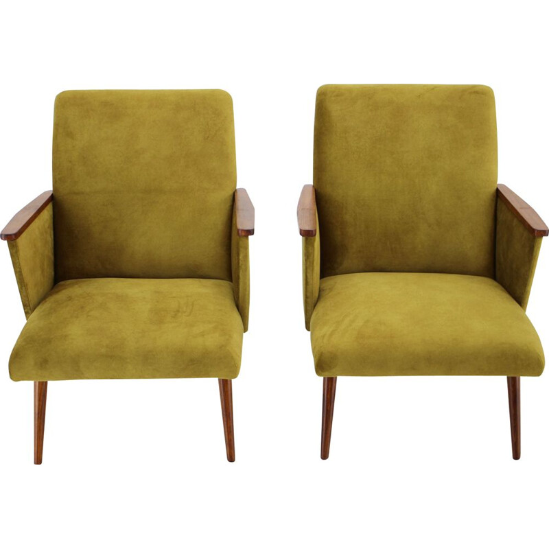 Pair of vintage armchairs in mustard color fabric, Czech 1960