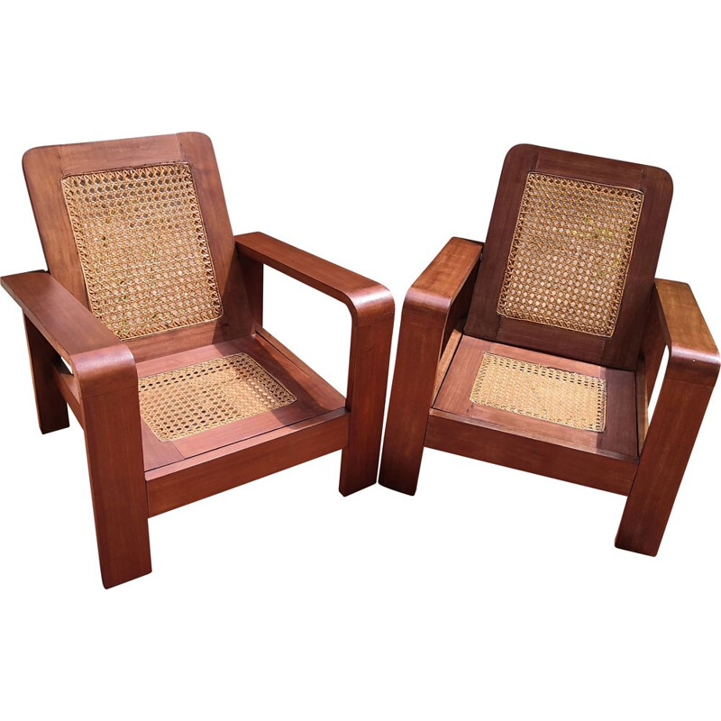 Pair of vintage armchairs in rosewood and cane, 1950