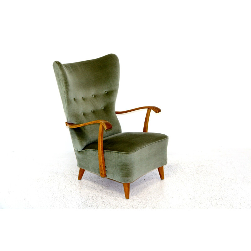 Vintage armchair in velvet and beechwood, Sweden 1950