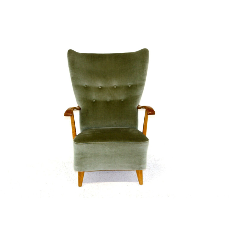 Vintage armchair in velvet and beechwood, Sweden 1950