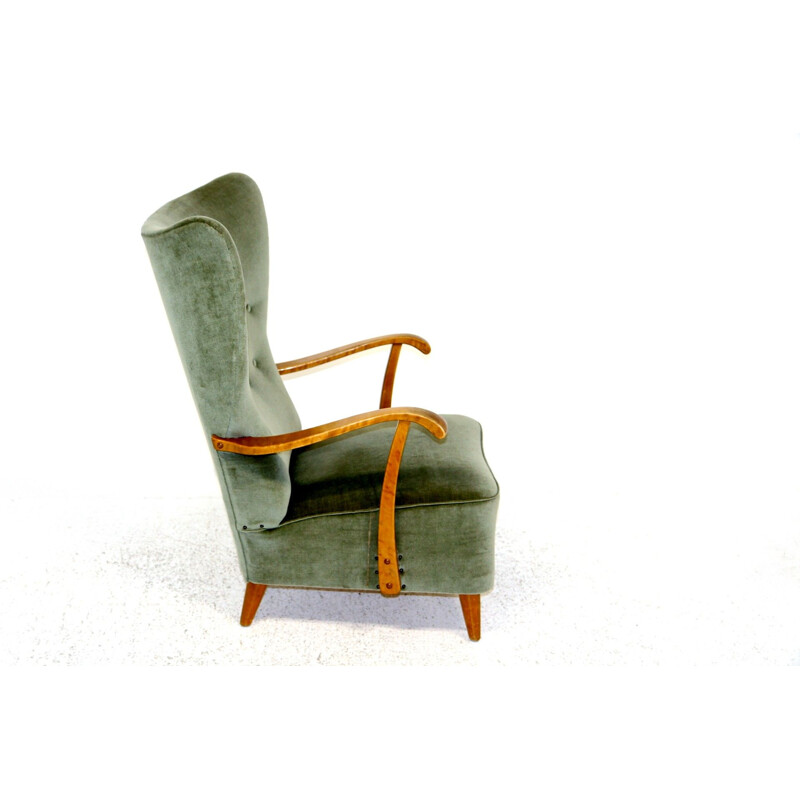 Vintage fluweel en beuken fauteuil, Zweden 1950