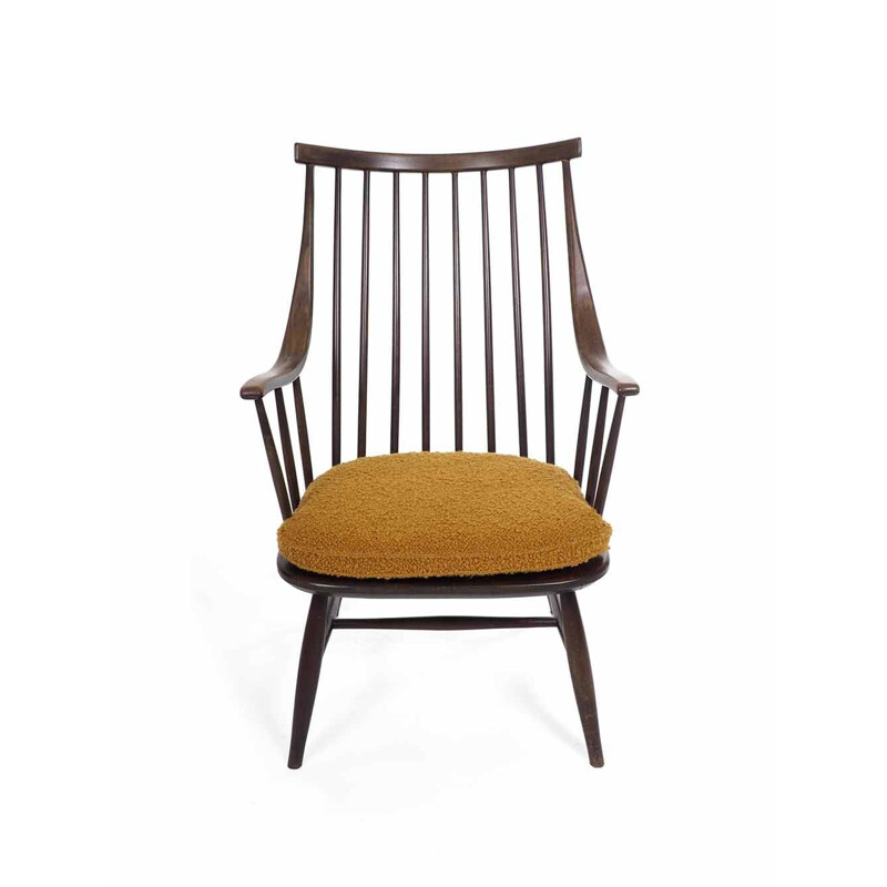 Vintage armchair in wooden and ocher boucle by Lena Larsson for Nesto, Sweden 1962