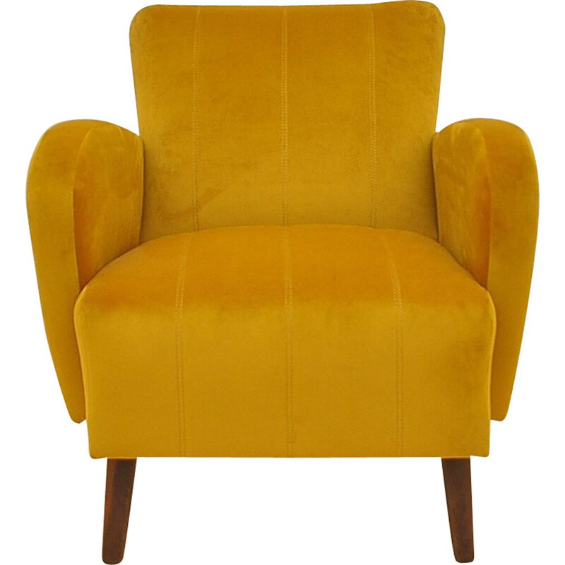 Art deco vintage armchair with honey-yellow velvet upholstery, 1960s