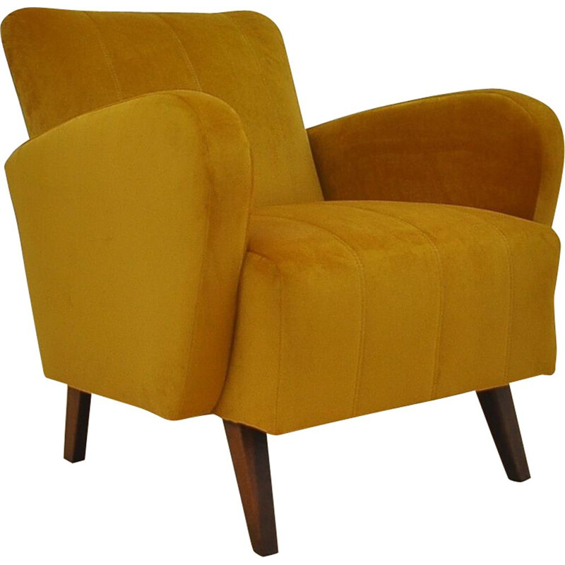 Cadeirão Art Deco Vintage com cobertura de veludo amarelo mel, 1960