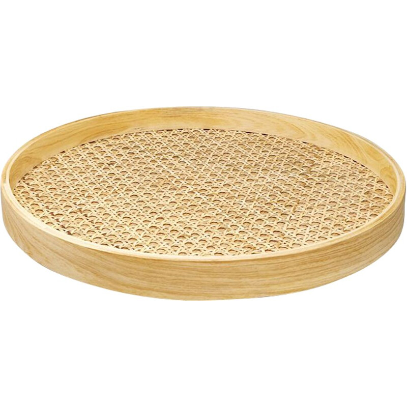 Vintage round tray in Viennese straw, Italy 1970s