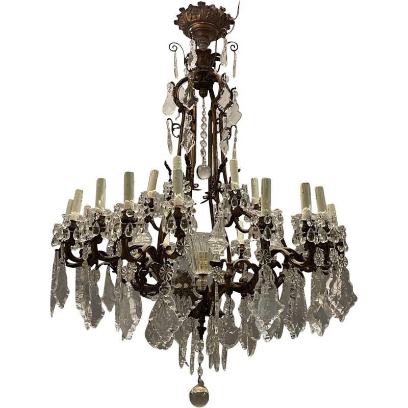 Vintage bronze and crystal chandelier with 25 lights, 1920s