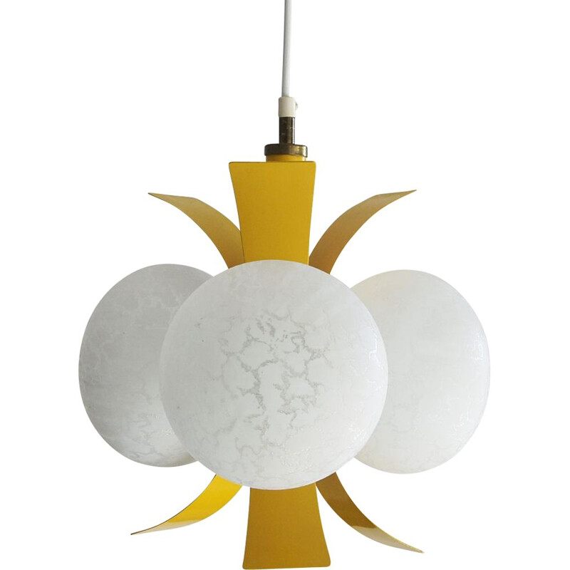 Vintage yellow pendant lamp with white glass, 1960s