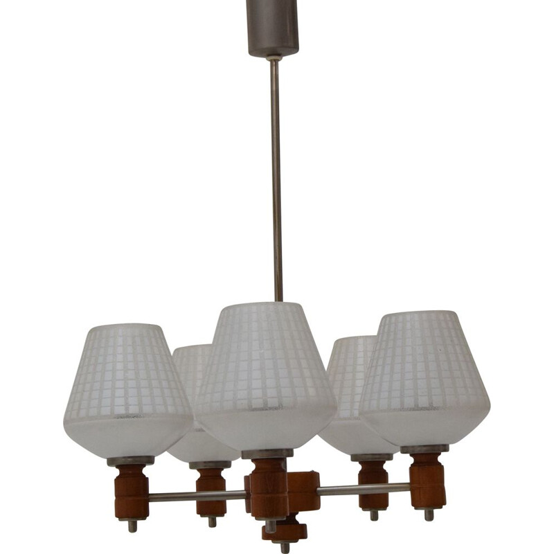 Vintage glass and wood chandelier, Czech 1970