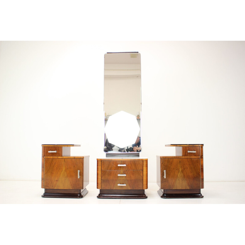 Vintage mirror and pair of night stands by Jindřich Halabala, Czechoslovakia 1950s