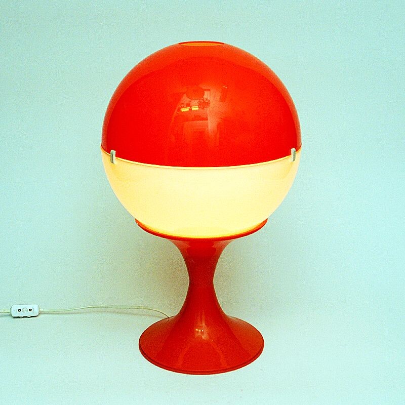 Lampada da tavolo vintage a globo bianco e arancione, 1970