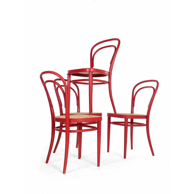 Set of 4 vintage red Thonet 214 chairs