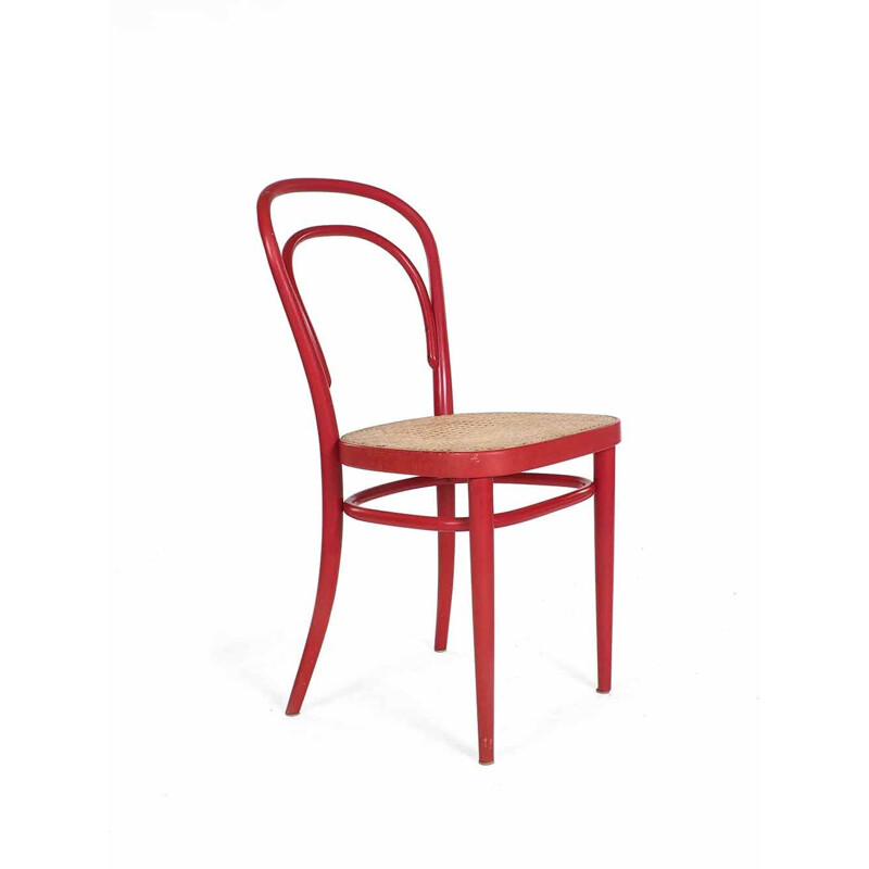 Set of 4 vintage red Thonet 214 chairs