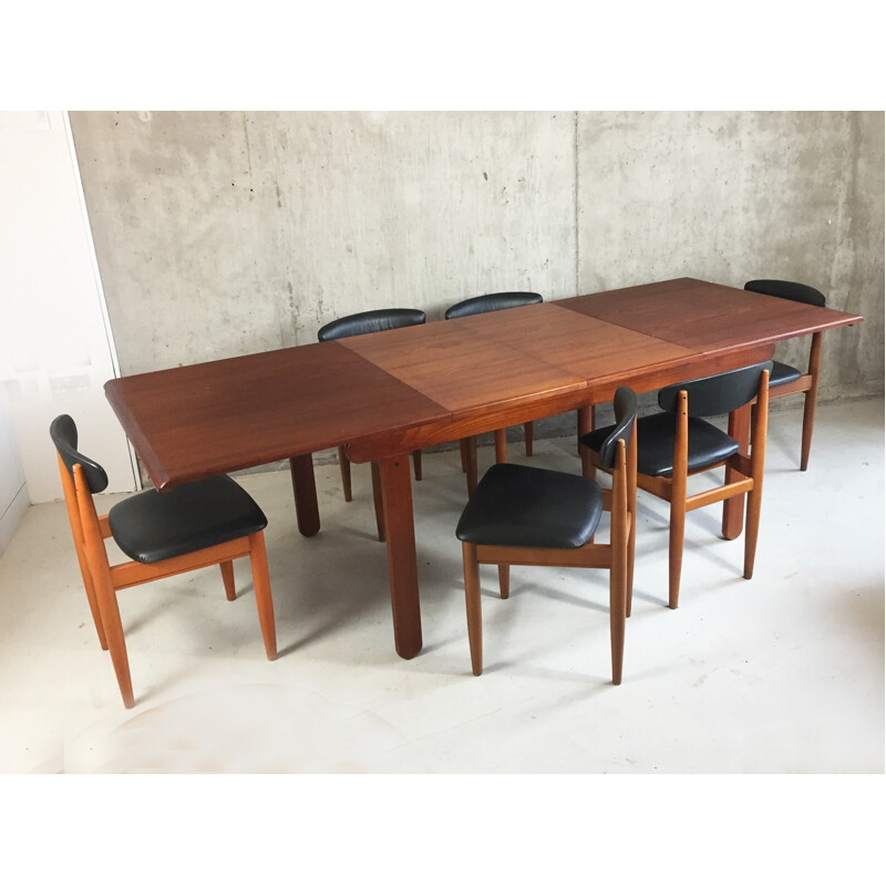 Ensemble de table à rallonges et 6 chaises en teck et simili cuir noir - 1970