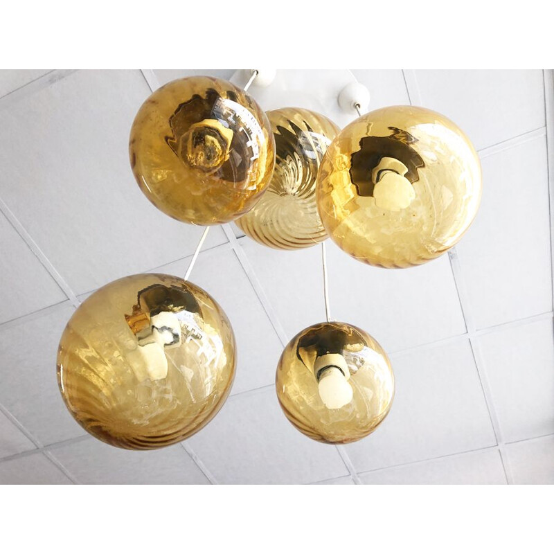 Vintage 5-ball smoked glass suspension by Parscot Luminaires, 1970