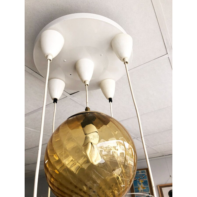 Vintage 5-ball smoked glass suspension by Parscot Luminaires, 1970