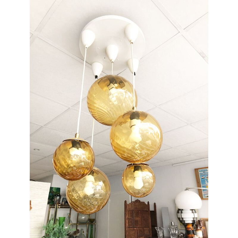 Candeeiro suspenso de vidro fumado Vintage 5-bolas da Parscot Luminaires, 1970