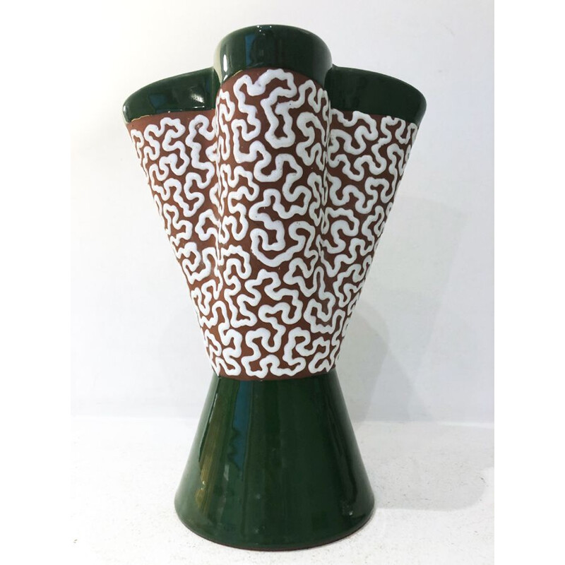 Vase vintage émaillé vert et blanc, 1970