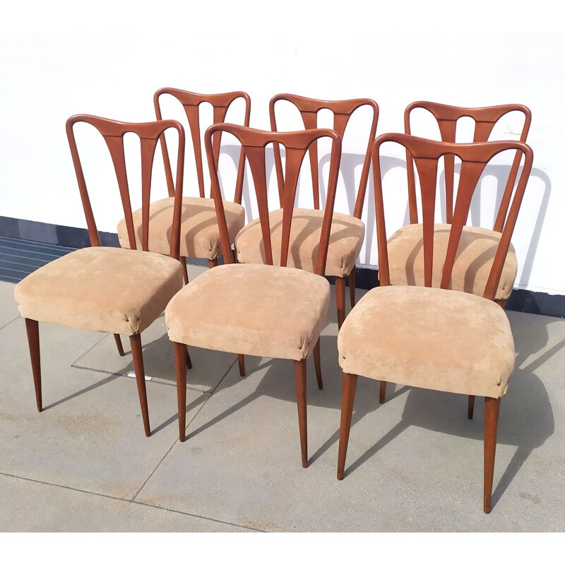 Set of 6 vintage wood and fabric chairs, 1940s