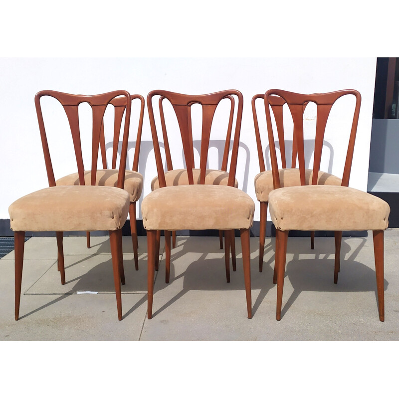 Ensemble de 6 chaises vintage en bois et tissu, 1940