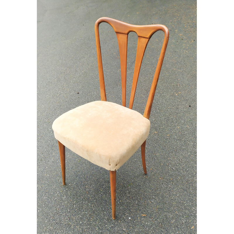 Set of 6 vintage wood and fabric chairs, 1940s