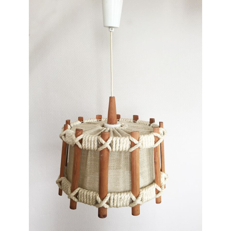 Scandinavian vintage rope and wood pendant lamp by Temde, 1960