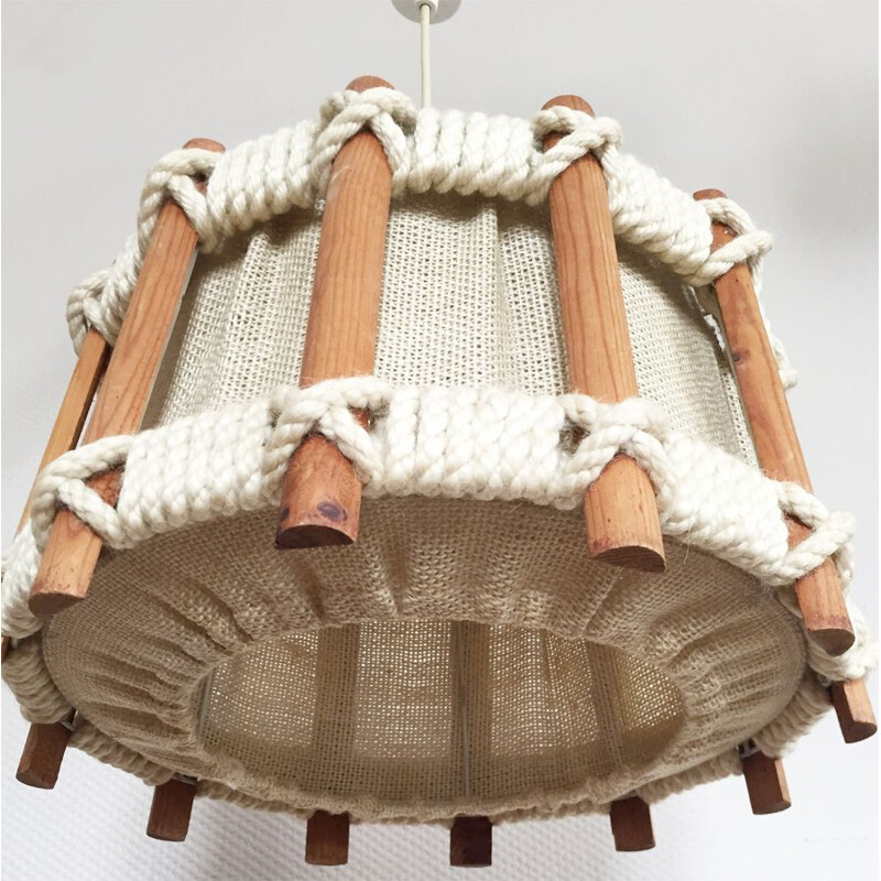 Scandinavian vintage rope and wood pendant lamp by Temde, 1960