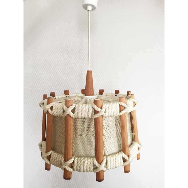 Scandinavian vintage rope and wood pendant lamp by Temde, 1960