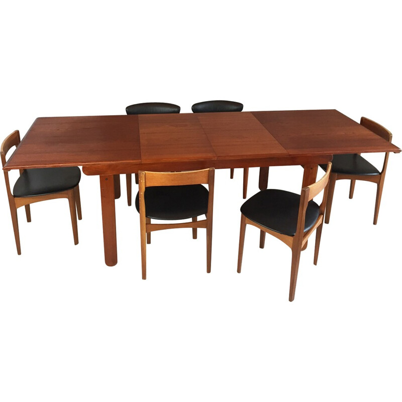 Set of extendable dining table and 6 chairs in teak and black leatherette - 1970s