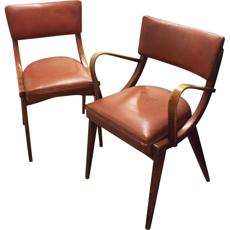 Pair of Benchairs of Somerset chairs in beech and brown leatherette - 1960s 