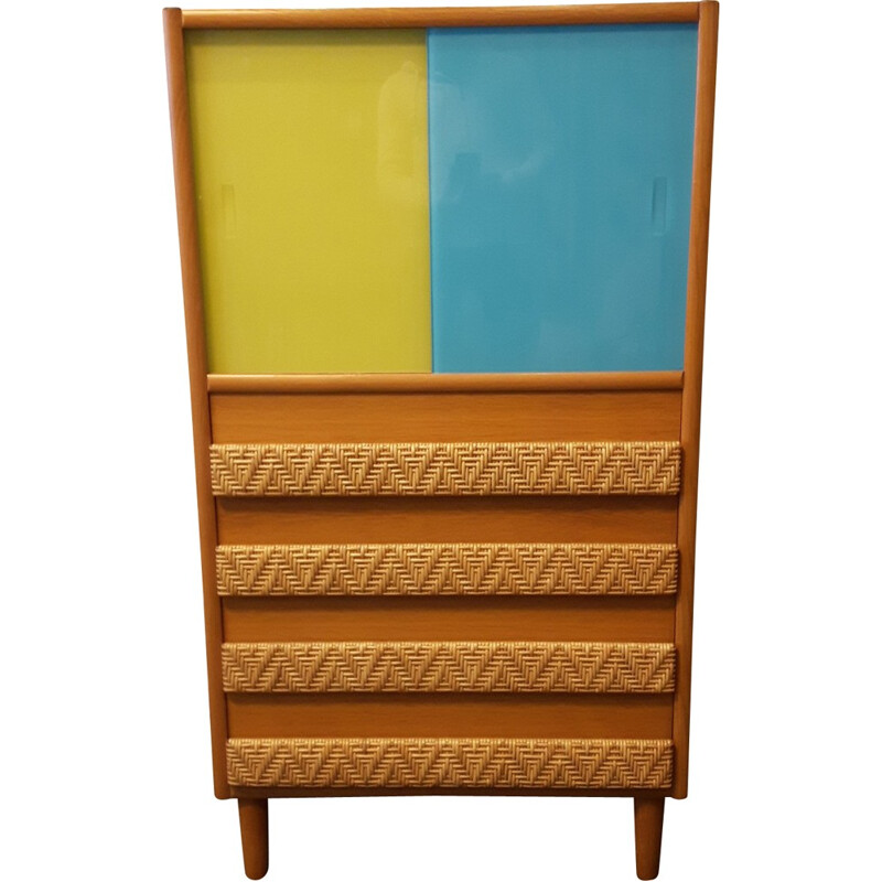 Large blue yellow cabinet in wood and rattan - 1960s