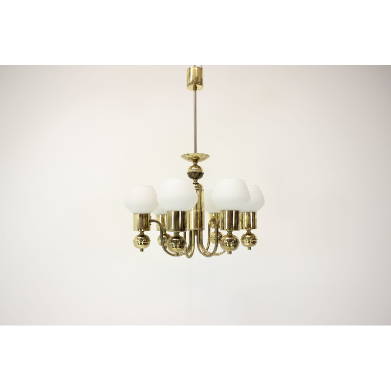 Vintage glass and brass chandelier by Kamenicky Senov, Czech 1960