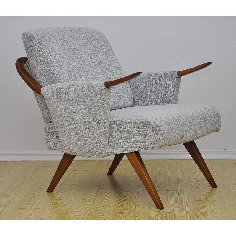 Mid century cherry wood and grey fabric armchair, 1960s