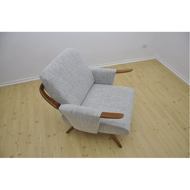 Mid century cherry wood and grey fabric armchair, 1960s