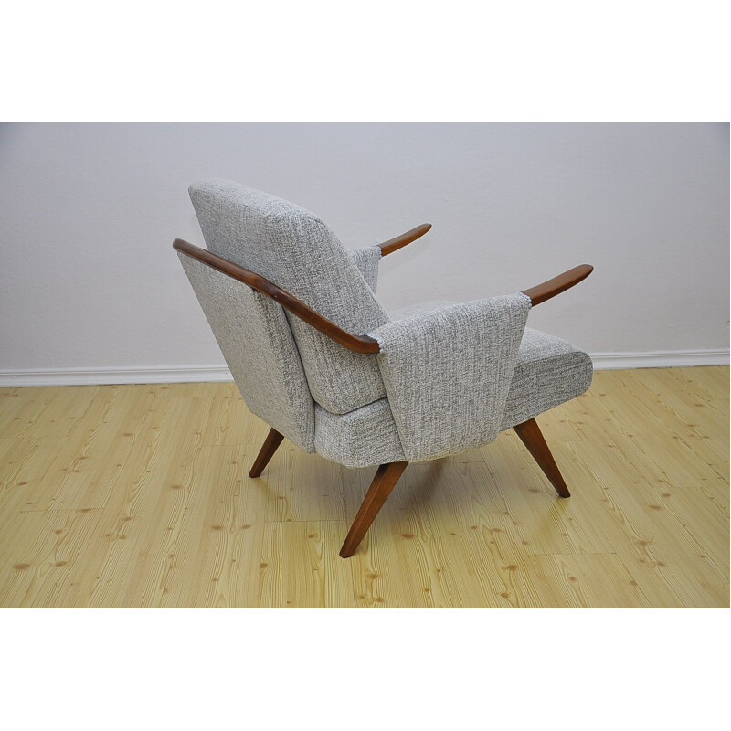 Mid century cherry wood and grey fabric armchair, 1960s