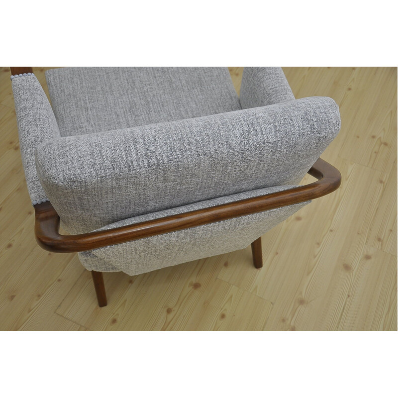 Mid century cherry wood and grey fabric armchair, 1960s