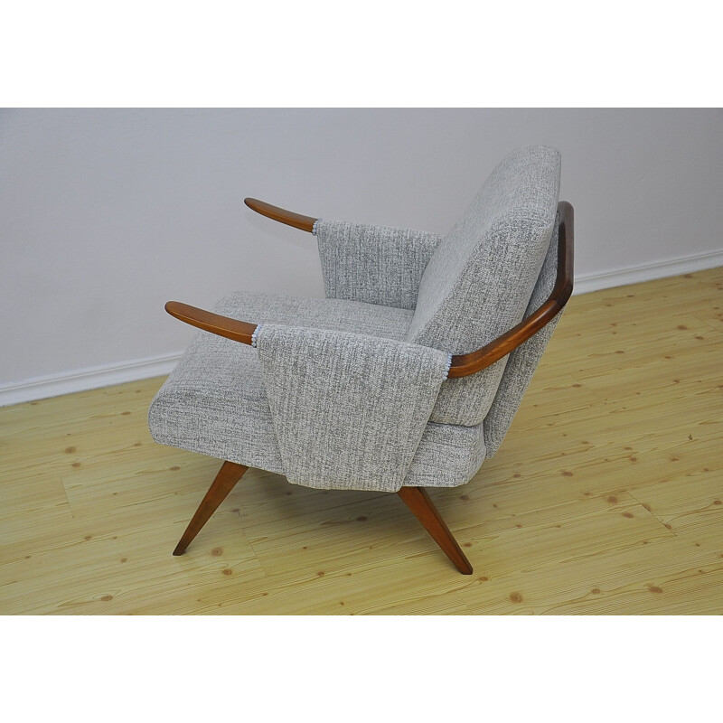 Mid century cherry wood and grey fabric armchair, 1960s