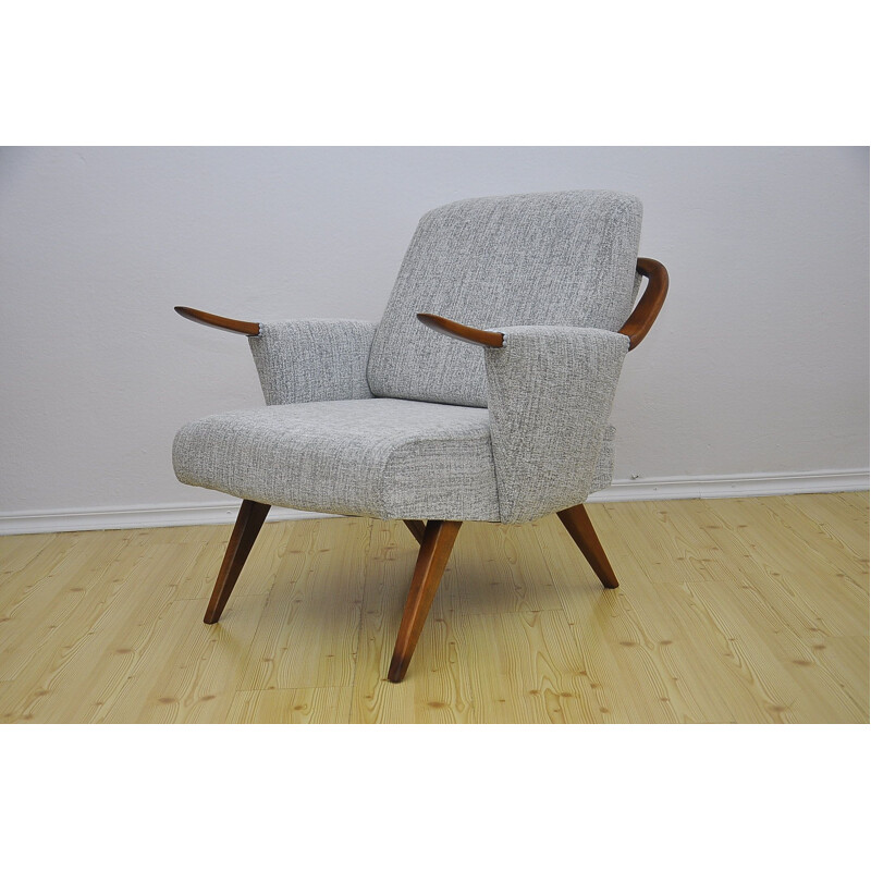 Mid century cherry wood and grey fabric armchair, 1960s