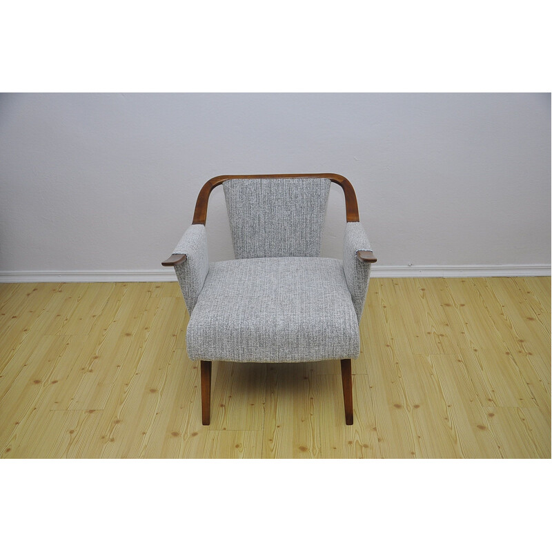 Mid century cherry wood and grey fabric armchair, 1960s