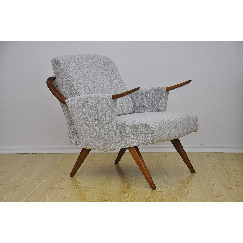 Mid century cherry wood and grey fabric armchair, 1960s