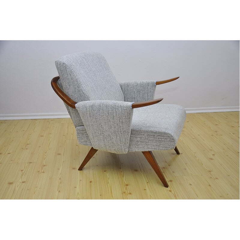 Mid century cherry wood and grey fabric armchair, 1960s