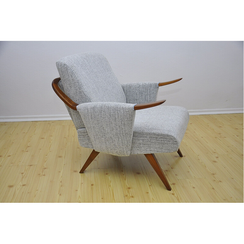 Mid century cherry wood and grey fabric armchair, 1960s