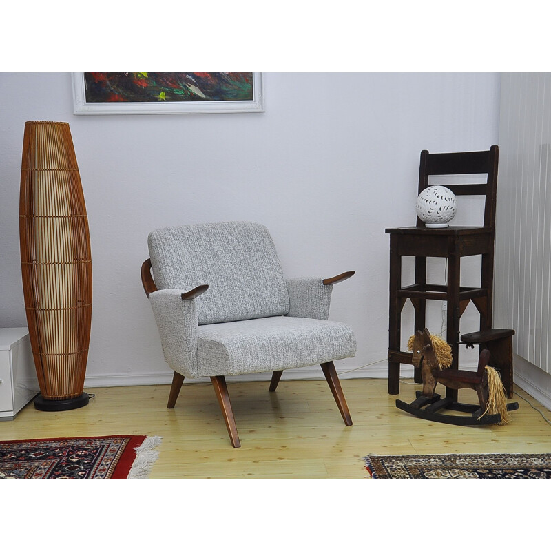 Mid century cherry wood and grey fabric armchair, 1960s